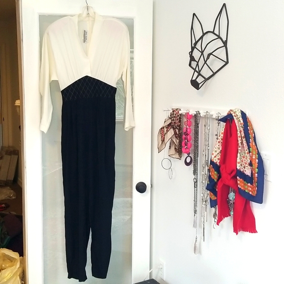 JOAN WALTERS 1990s Sheer Top Jumpsuit 10 Ivory Black - Picture 1 of 9